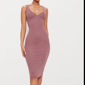 NWT PRETTYLITTLETHING DARK MAUVE V NECK MIDI DRESS